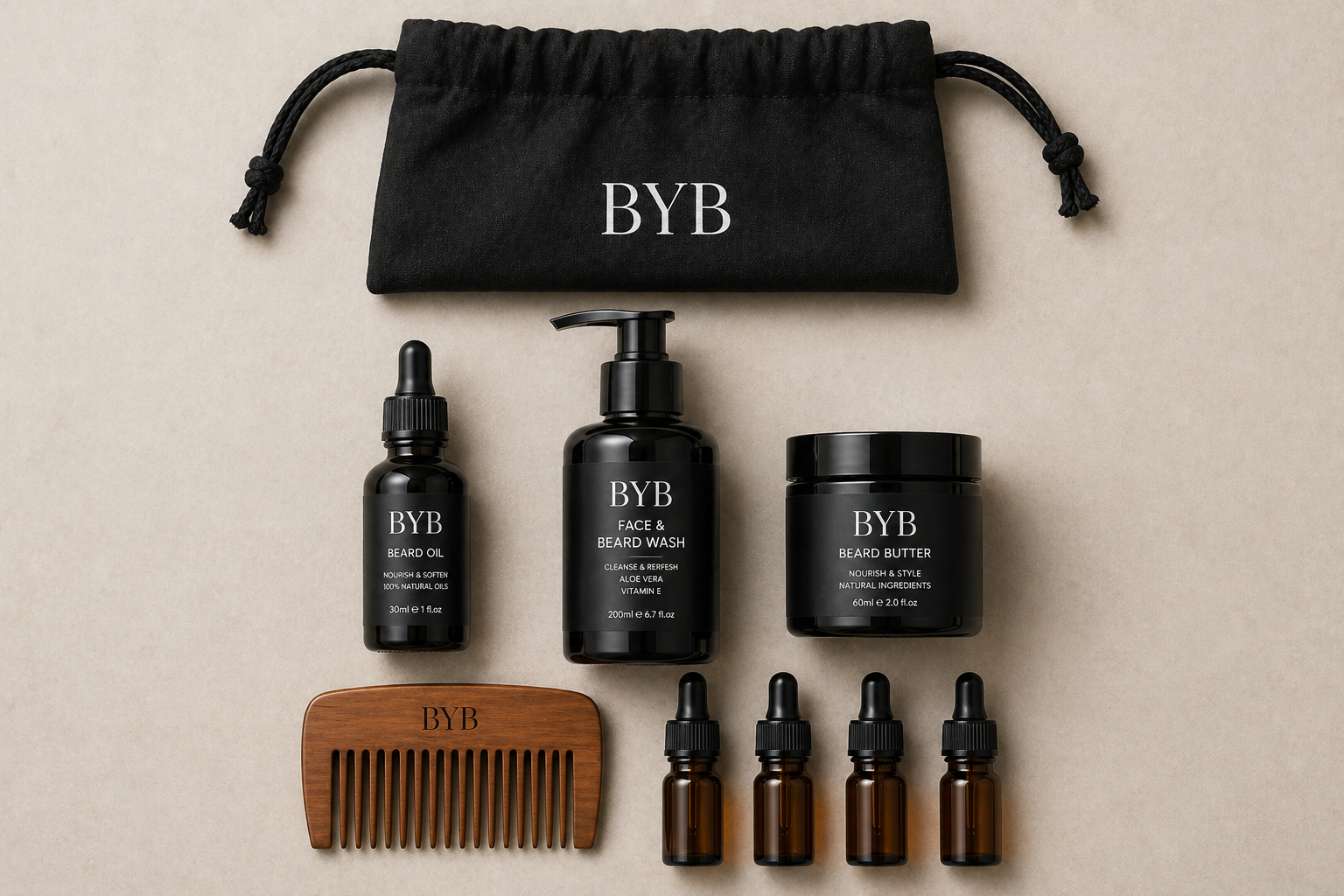 BYB-branded tester set — Beard Oil, Face & Beard Wash, Beard Butter, drawstring bag, wooden comb, and four 10ml fragrance samples